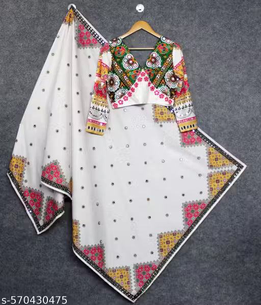New lehenga design 2025 Women Printed And Stylish Semi-Stitched Mirror Work White Tusser Silk Dandiya Night Chaniya Choli ( Lahenga Choli )