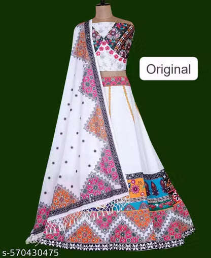 New lehenga design 2025 Women Printed And Stylish Semi-Stitched Mirror Work White Tusser Silk Dandiya Night Chaniya Choli ( Lahenga Choli )