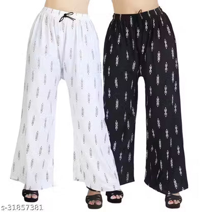 Palazzo pants With Skin Print Bottom Wear For Women & Girls Rayon 140 Gsm Trending Colour White Black Maroon Navy Blue Mustard Pink Red Bottel Green Grey Pack Of 2
