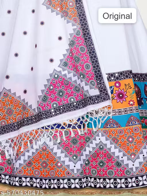 New lehenga design 2025 Women Printed And Stylish Semi-Stitched Mirror Work White Tusser Silk Dandiya Night Chaniya Choli ( Lahenga Choli )