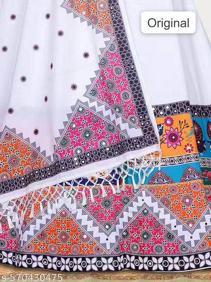 New lehenga design 2025 Women Printed And Stylish Semi-Stitched Mirror Work White Tusser Silk Dandiya Night Chaniya Choli ( Lahenga Choli )