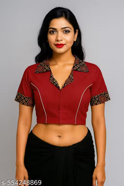 Trendy Maroon Cotton Blouse with Ajrak Print Collar & Sleeves