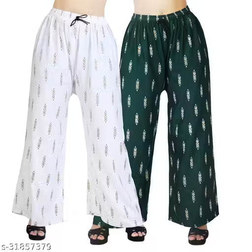 Palazzo pants With Skin Print Bottom Wear For Women & Girls Rayon 140 Gsm Trending Colour White Black Maroon Navy Blue Mustard Pink Red Bottel Green Grey Pack Of 2