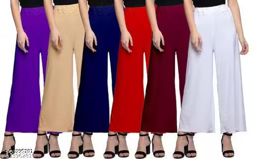 Lili Women's Stretchy Casual Wear Malai Lycra Pant Palazzo Combo Pack of 6 - Free Size(Fit For 26"-34") palazzo set/ Palazzo Combo