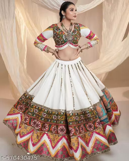 New lehenga design 2025 Women Printed And Stylish Semi-Stitched Mirror Work White Tusser Silk Dandiya Night Chaniya Choli ( Lahenga Choli )