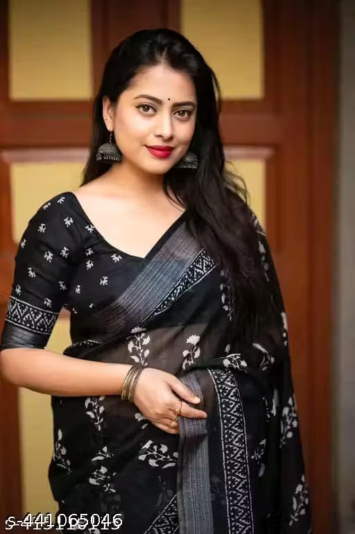 Black Color Women Cotton Linen Saree: Ideal for Casual & Formal Events
