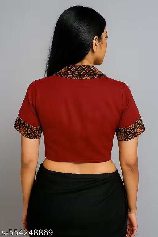 Trendy Maroon Cotton Blouse with Ajrak Print Collar & Sleeves
